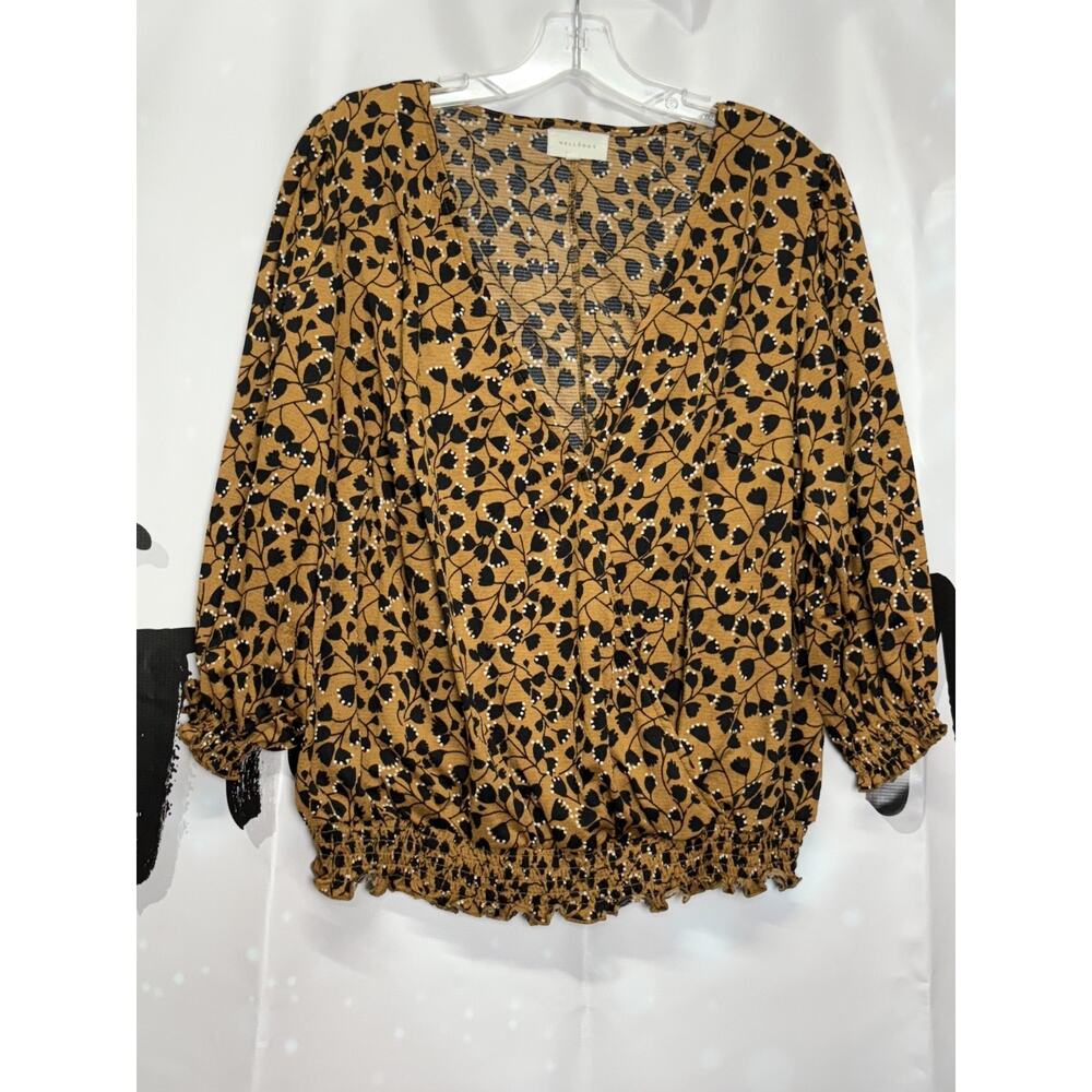 Melloday Floral Mustard Top Faux Wrap Gathered Waist Puff Sleeve Romance Career